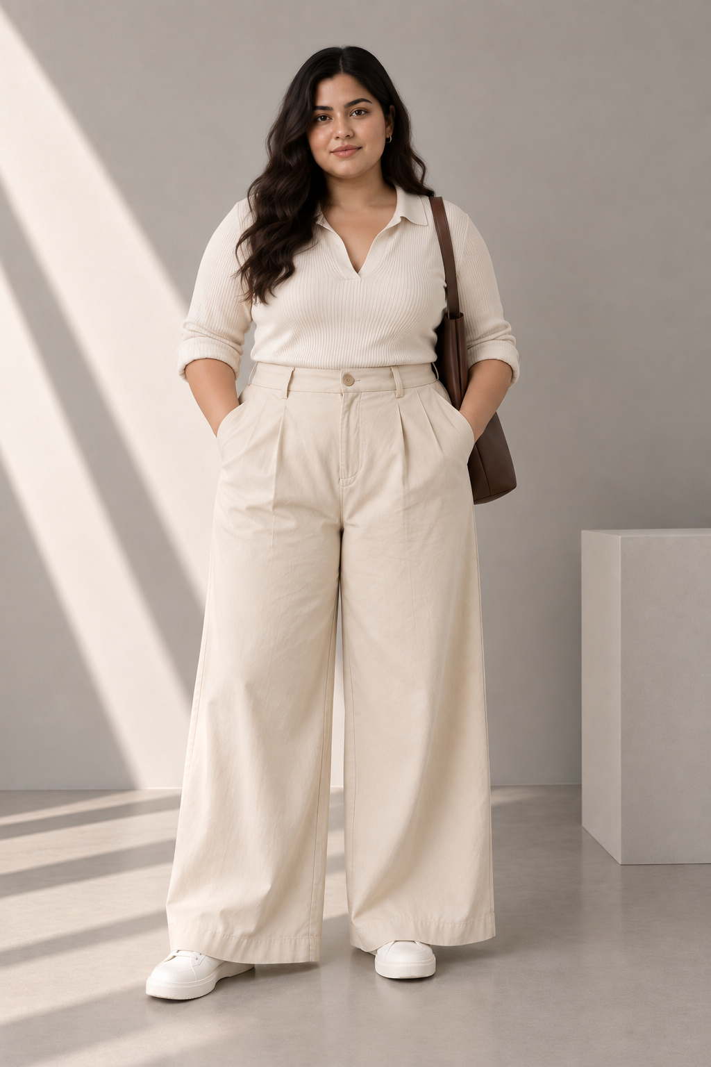 Women Beige Cotton Poplin Wide Leg Trouser | High Waist Straight Fit Pants