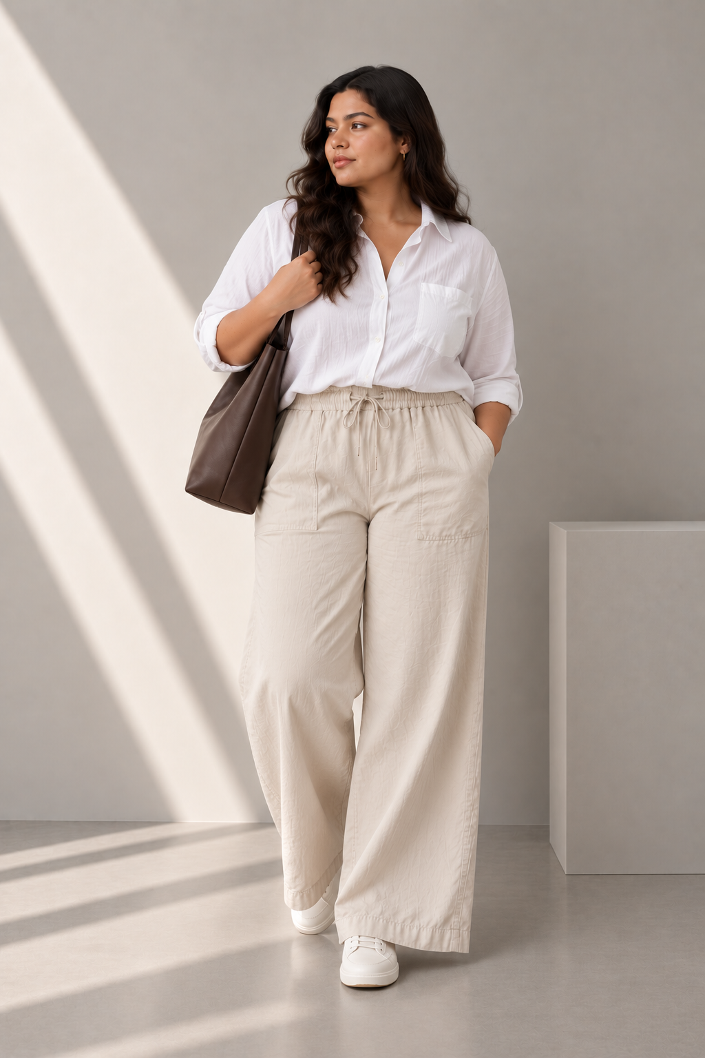 Women Light Beige Cotton Poplin Wide Leg Trouser Elastic Waist Drawstring Pants