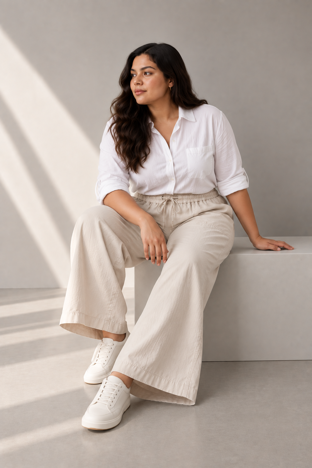 Women Light Beige Cotton Poplin Wide Leg Trouser Elastic Waist Drawstring Pants