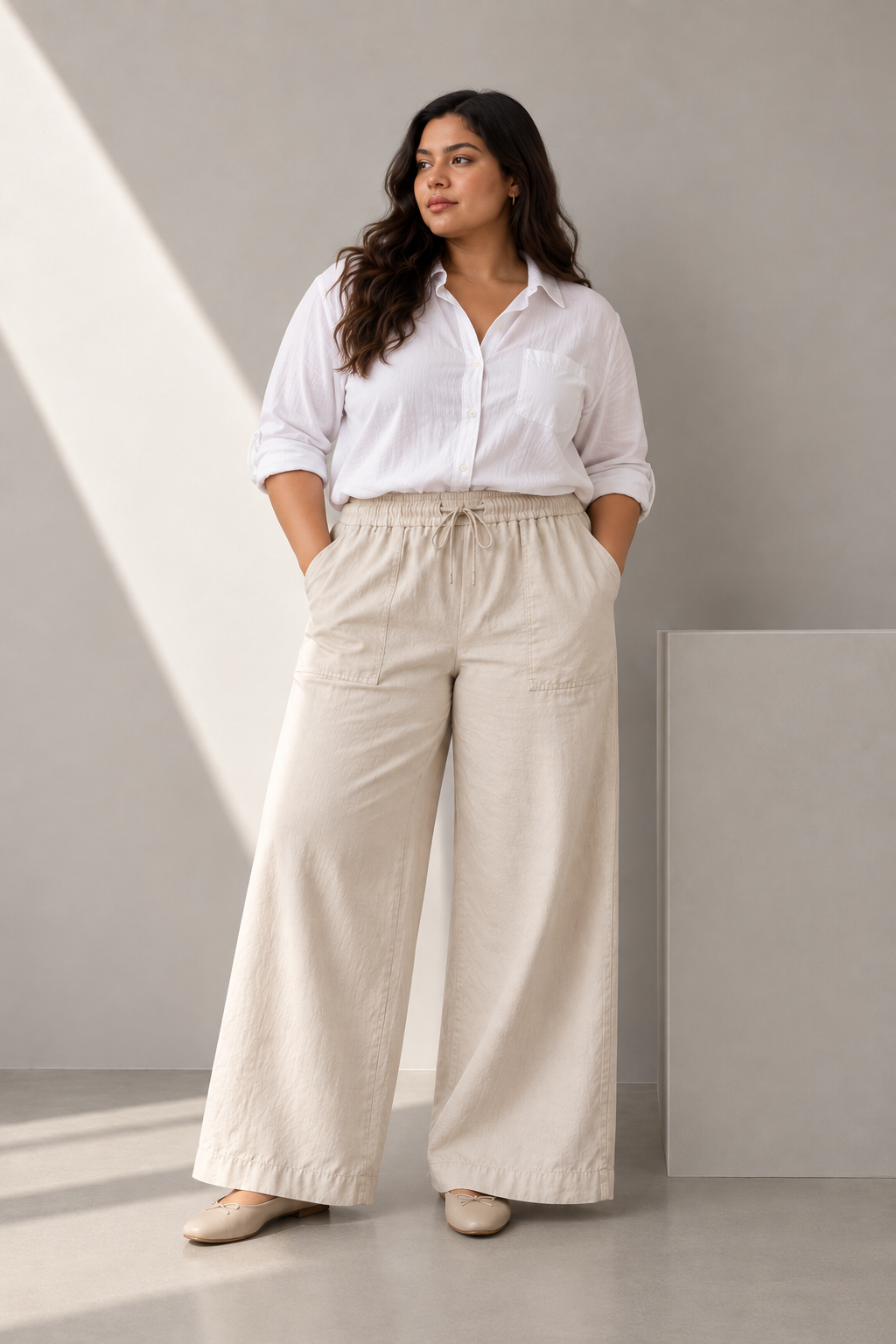 Women Light Beige Cotton Poplin Wide Leg Trouser Elastic Waist Drawstring Pants