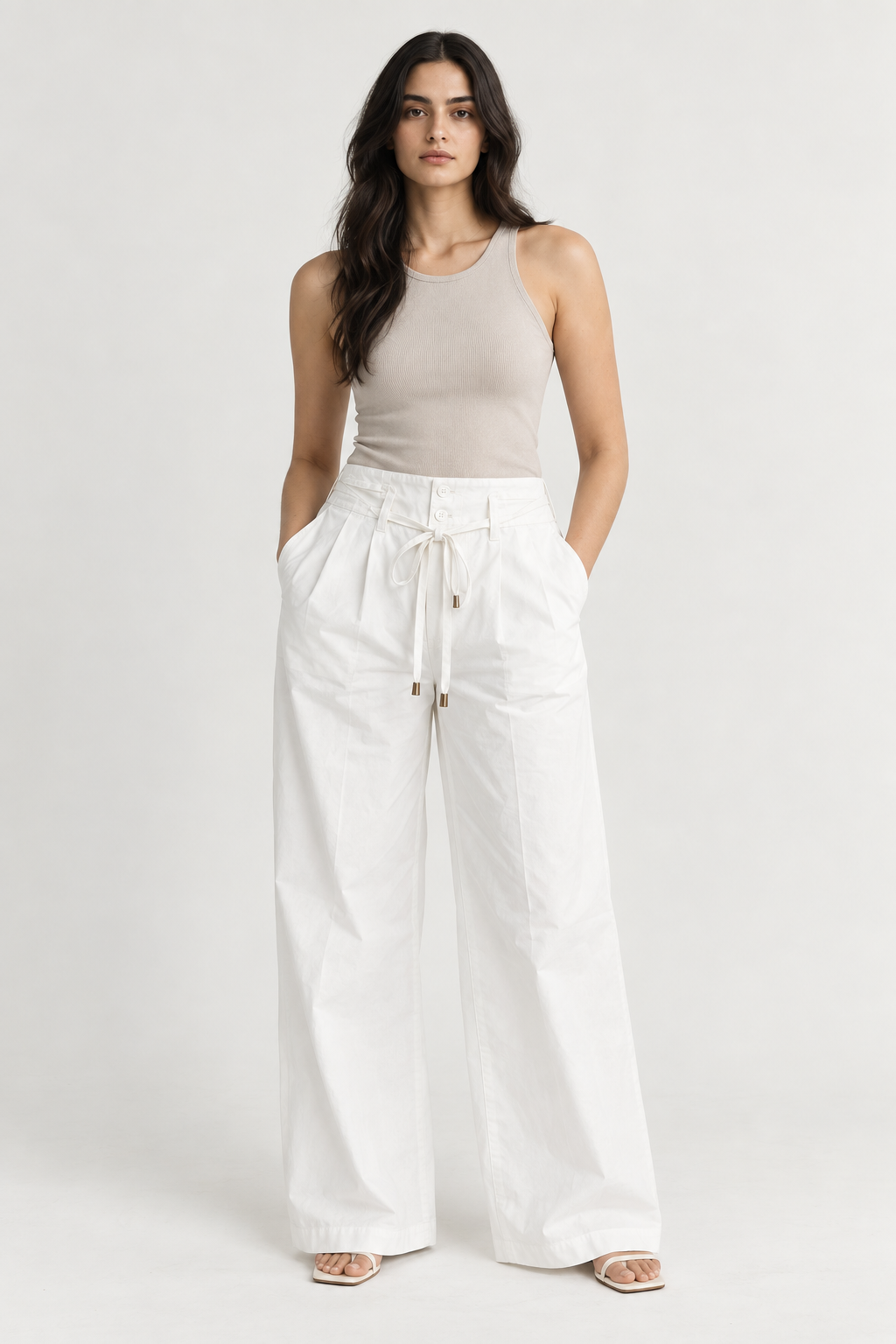 Women White Cotton Poplin Wide Leg Trouser High Waist Drawstring Pants