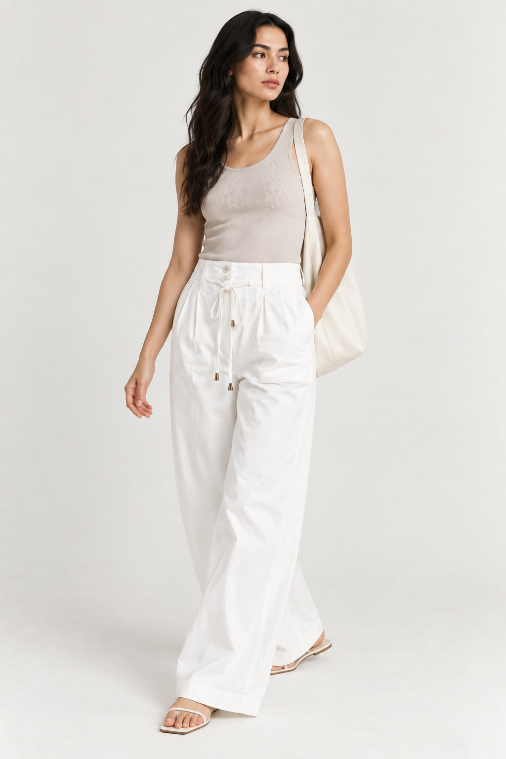 Women White Cotton Poplin Wide Leg Trouser High Waist Drawstring Pants