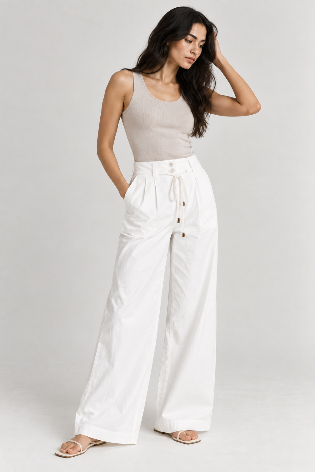 Women White Cotton Poplin Wide Leg Trouser High Waist Drawstring Pants
