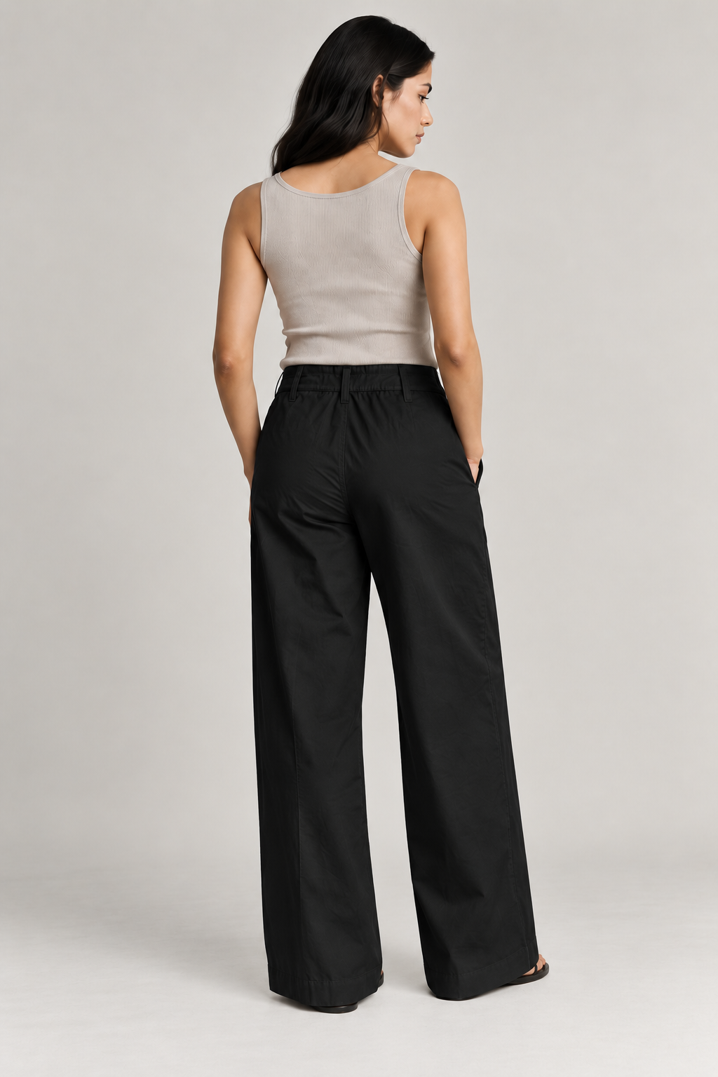 Women Black Cotton Poplin Wide Leg Trouser High Waist Drawstring Pants