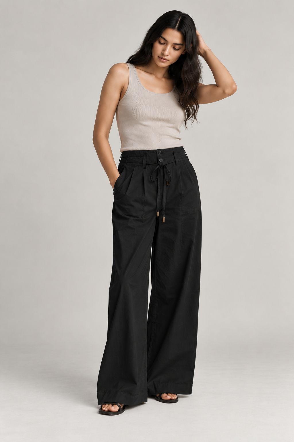 Women Black Cotton Poplin Wide Leg Trouser High Waist Drawstring Pants