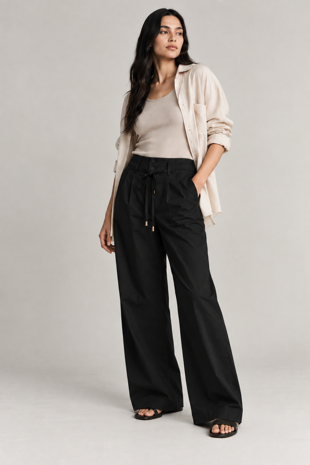 Women Black Cotton Poplin Wide Leg Trouser High Waist Drawstring Pants