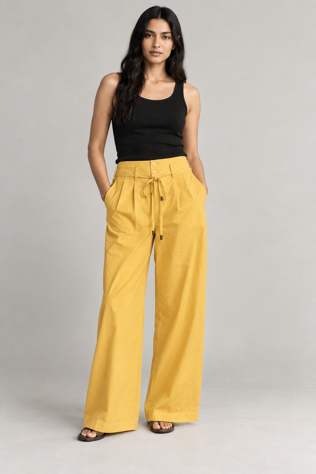 Women Mustard Yellow Cotton Poplin Wide Leg Trouser High Waist Drawstring Pants