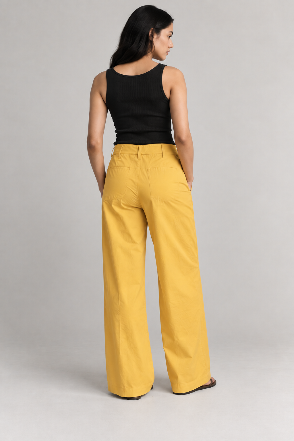 Women Mustard Yellow Cotton Poplin Wide Leg Trouser High Waist Drawstring Pants