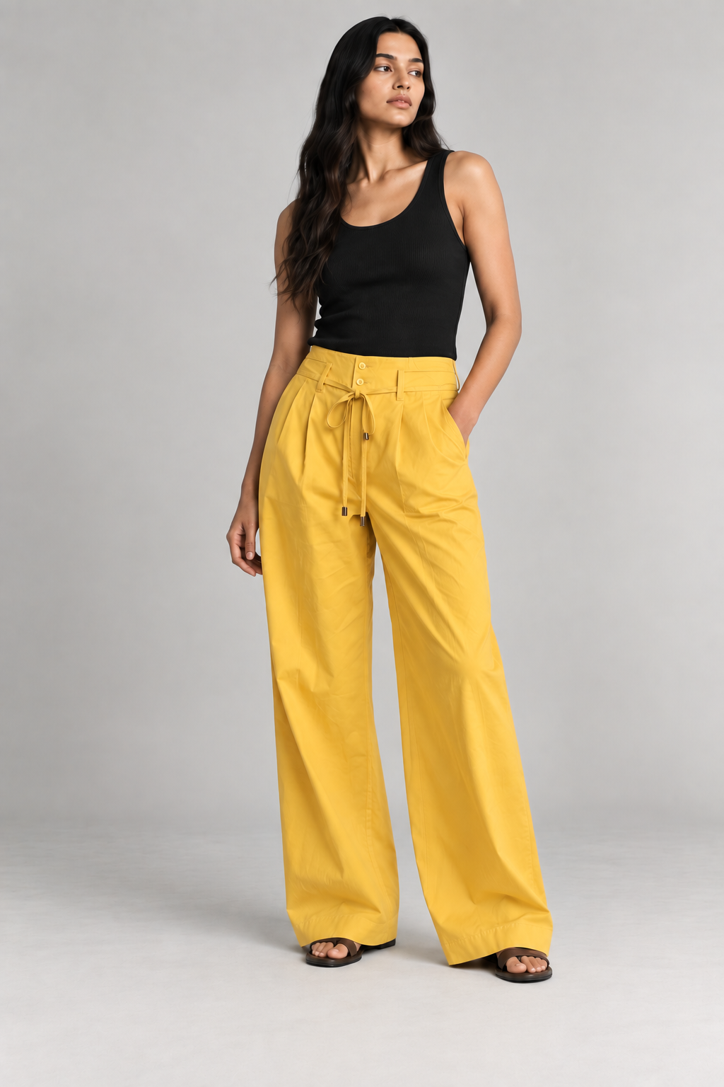 Women Mustard Yellow Cotton Poplin Wide Leg Trouser High Waist Drawstring Pants