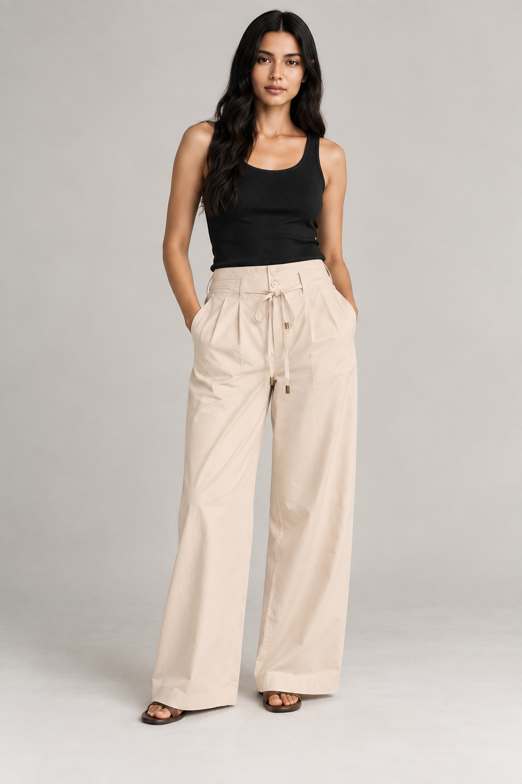 Women Beige Cotton Poplin Wide Leg Trouser High Waist Drawstring Pants