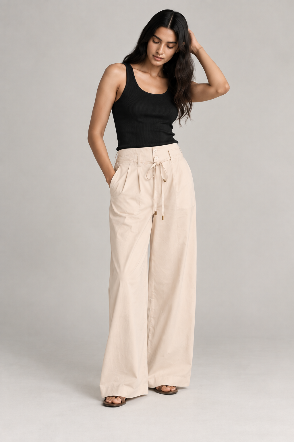 Women Beige Cotton Poplin Wide Leg Trouser High Waist Drawstring Pants