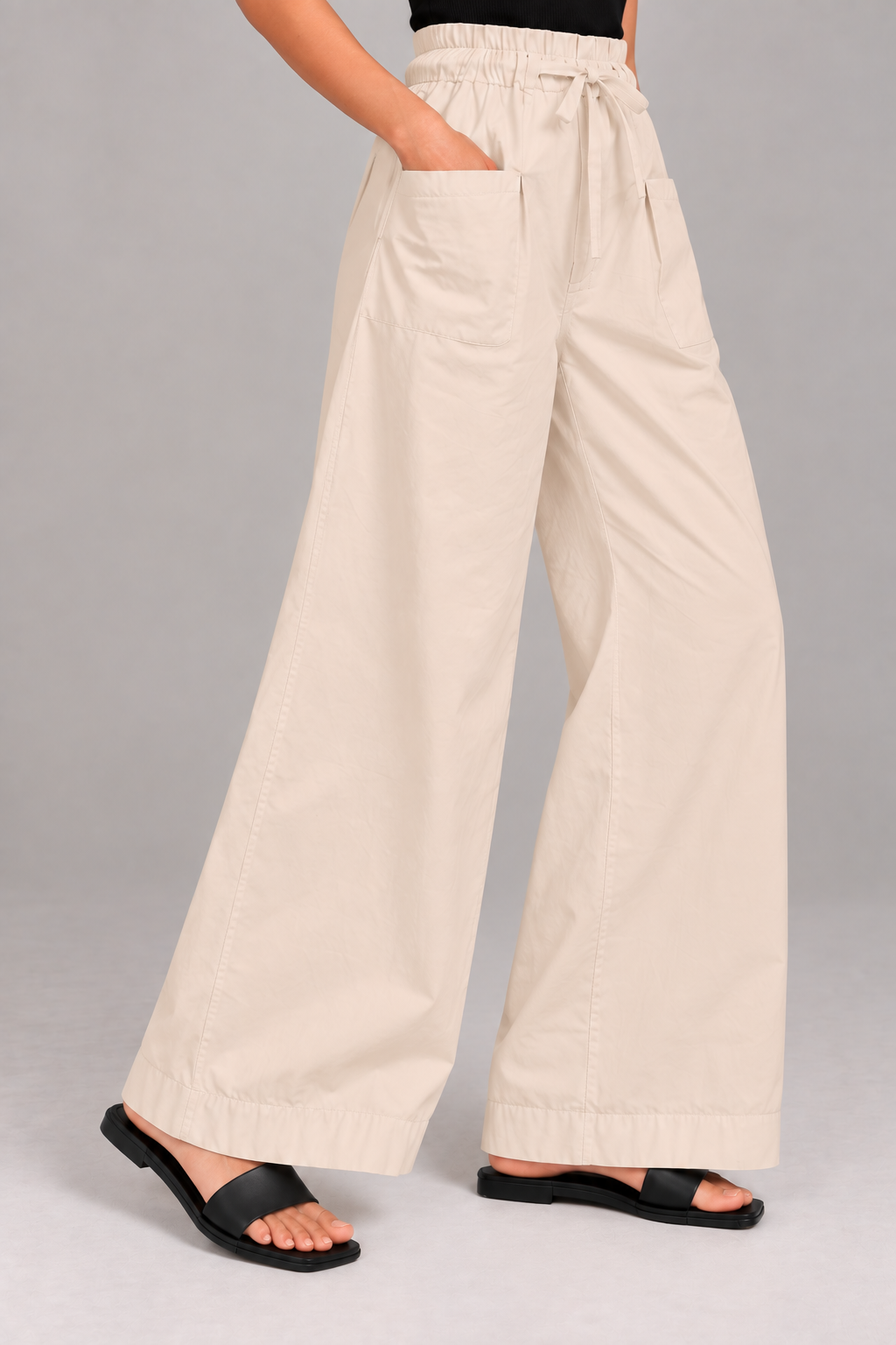 Women Light Beige Cotton Poplin Wide Leg Trouser Elastic Waist Drawstring Pants
