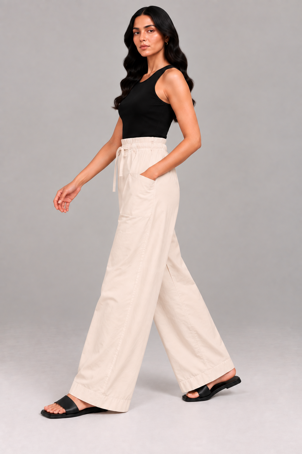 Women Light Beige Cotton Poplin Wide Leg Trouser Elastic Waist Drawstring Pants