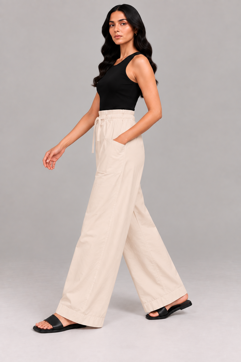 Women Light Beige Cotton Poplin Wide Leg Trouser Elastic Waist Drawstring Pants