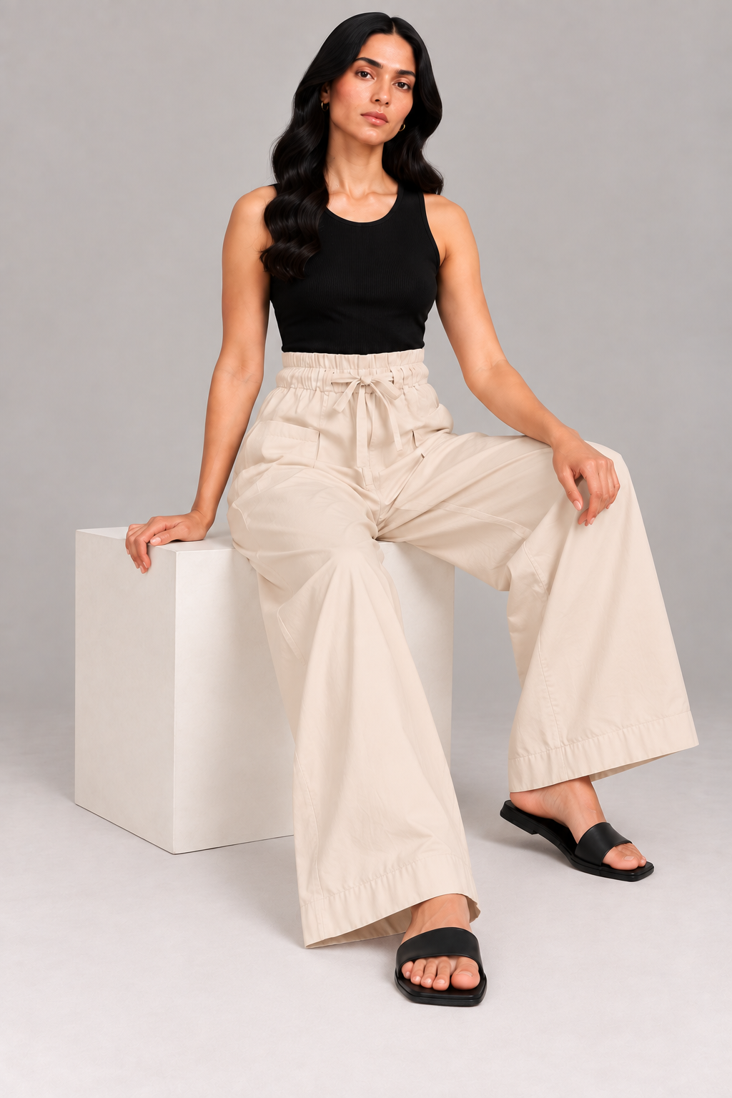 Women Light Beige Cotton Poplin Wide Leg Trouser Elastic Waist Drawstring Pants