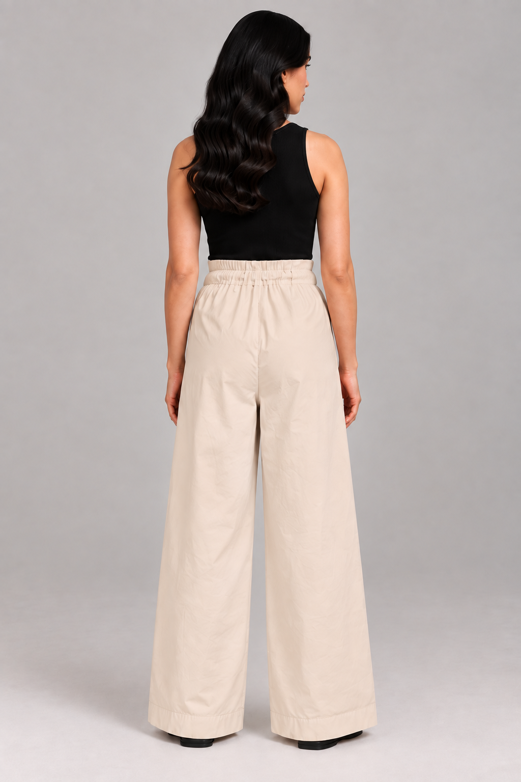 Women Light Beige Cotton Poplin Wide Leg Trouser Elastic Waist Drawstring Pants