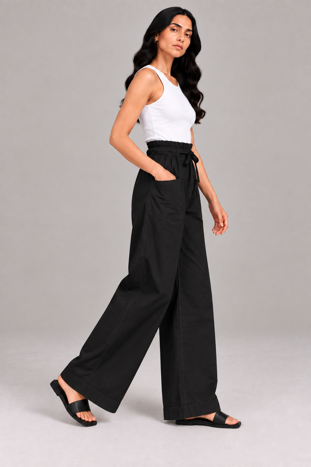 Women Black Cotton Poplin Wide Leg Trouser Elastic Waist Drawstring Pants