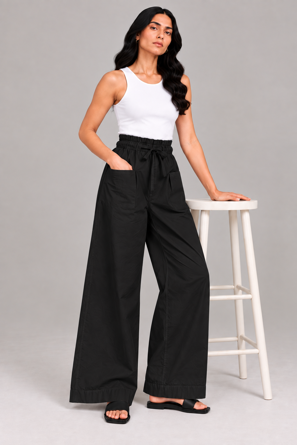 Women Black Cotton Poplin Wide Leg Trouser Elastic Waist Drawstring Pants