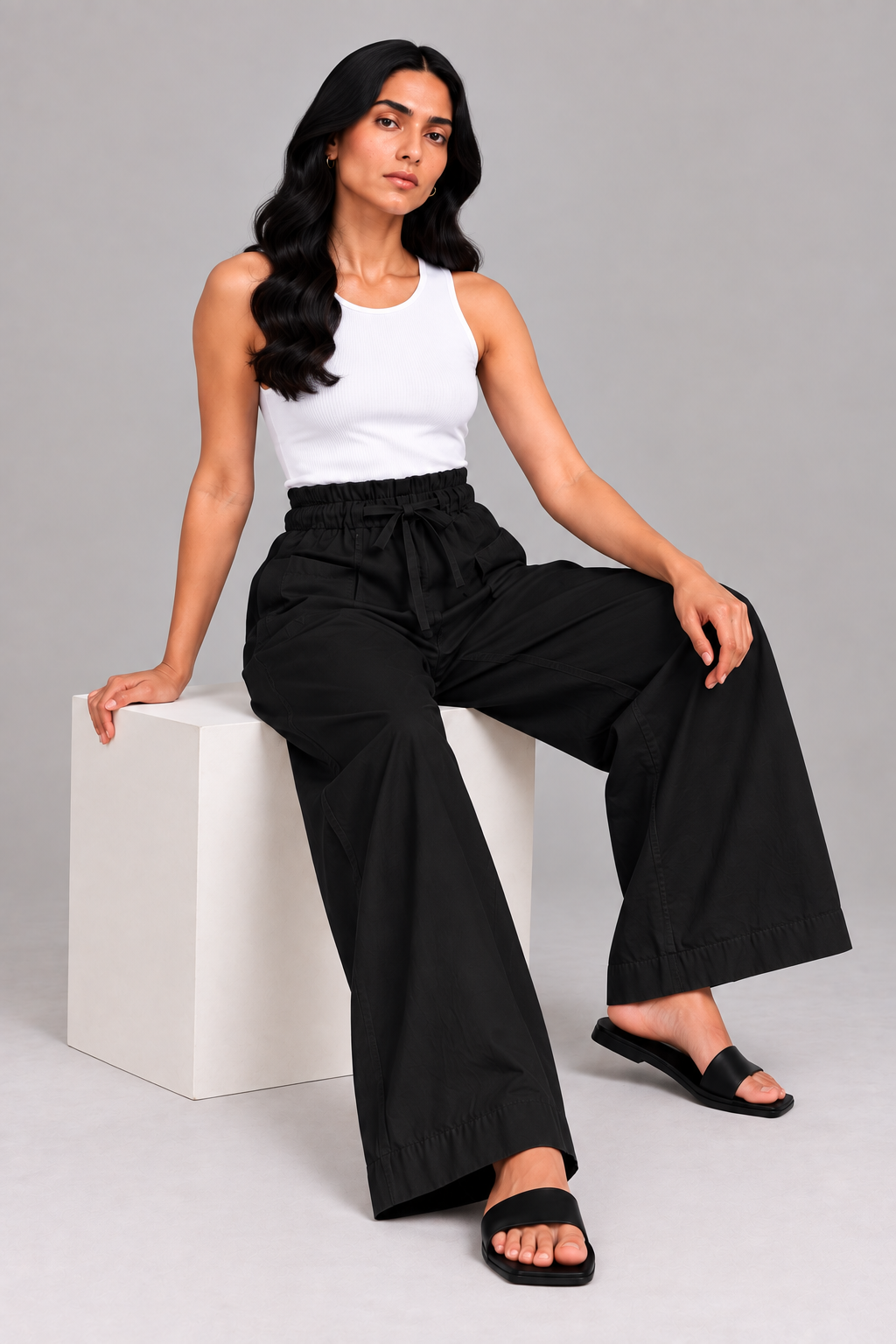 Women Black Cotton Poplin Wide Leg Trouser Elastic Waist Drawstring Pants