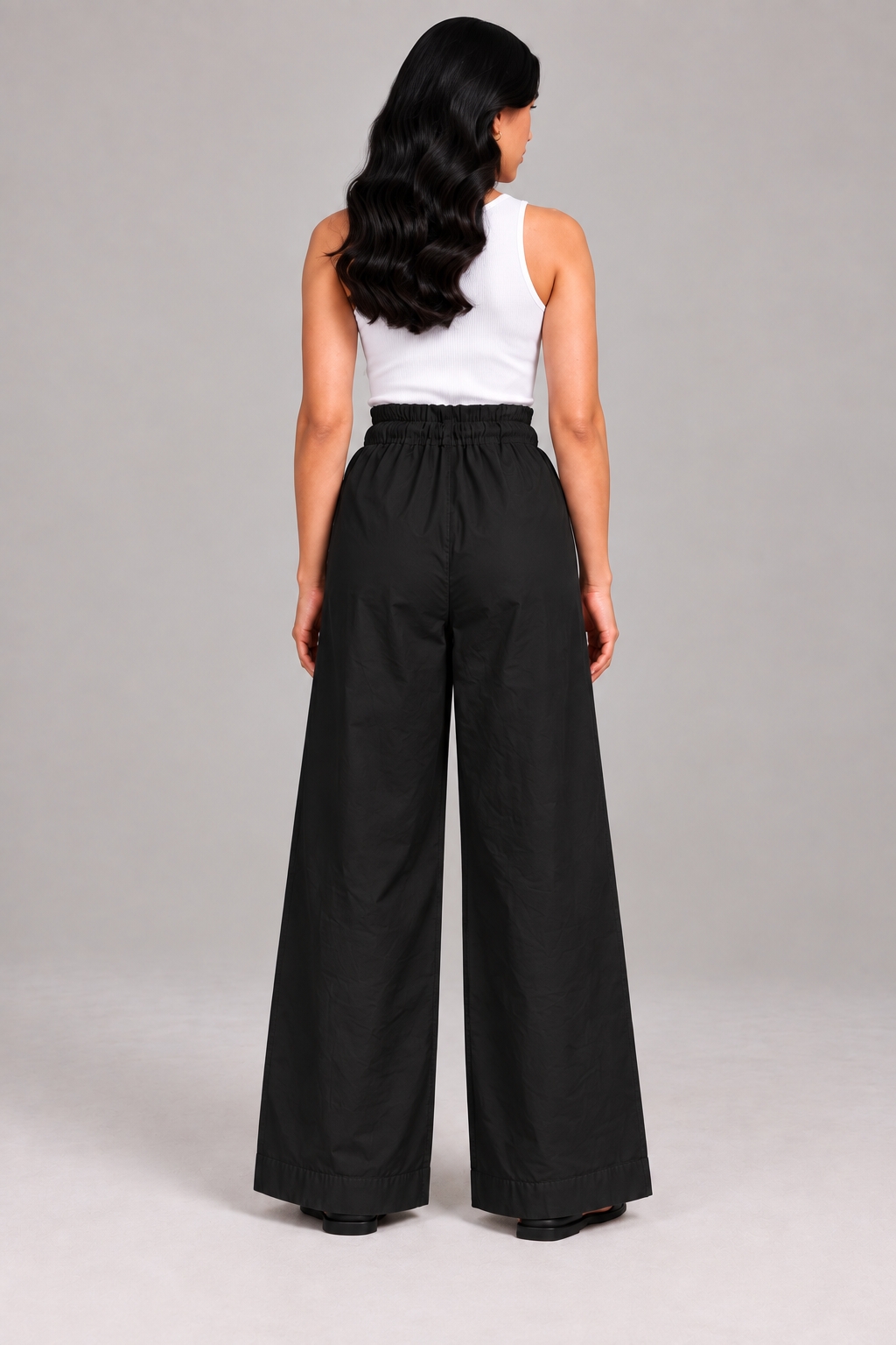 Women Black Cotton Poplin Wide Leg Trouser Elastic Waist Drawstring Pants