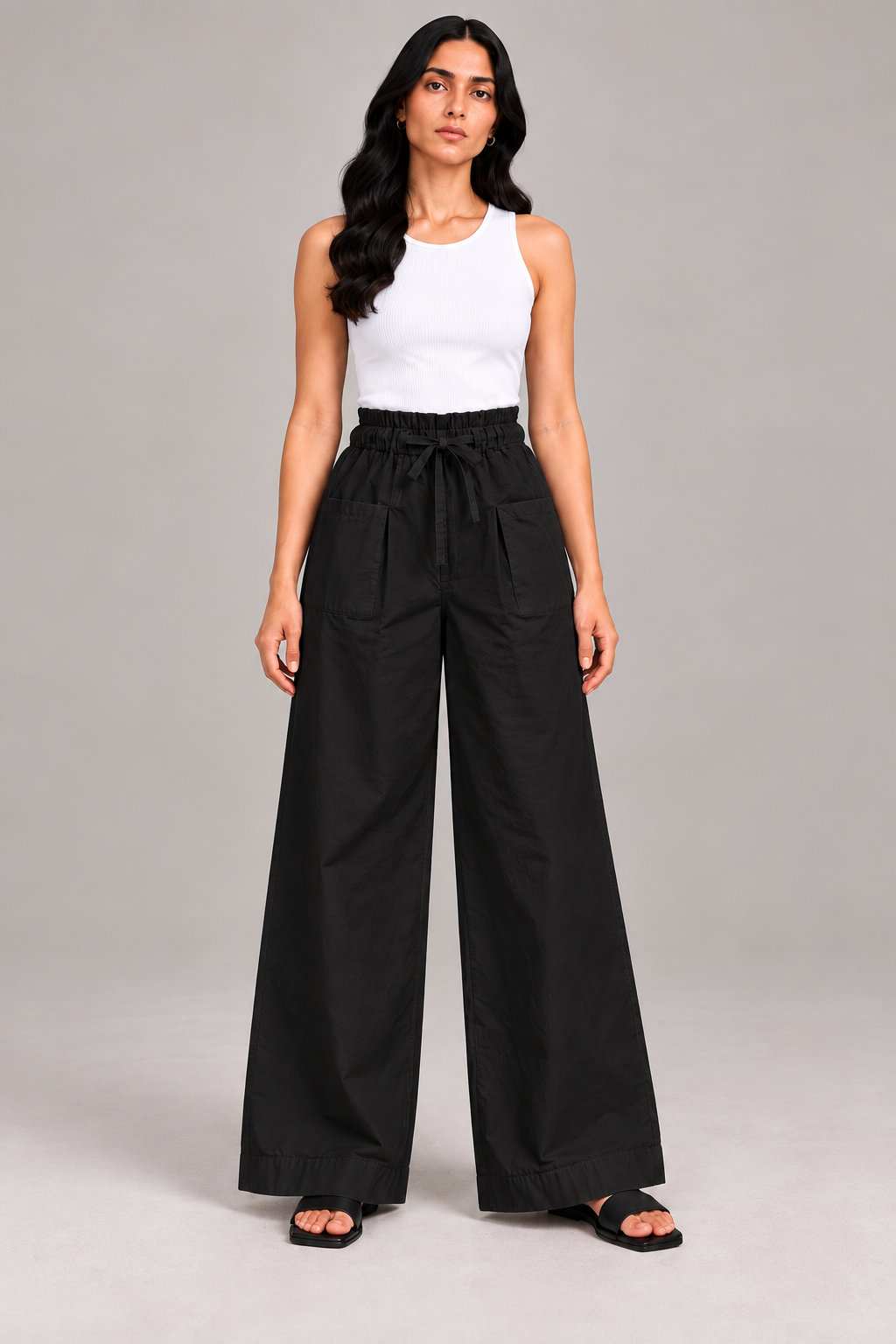 Women Black Cotton Poplin Wide Leg Trouser Elastic Waist Drawstring Pants