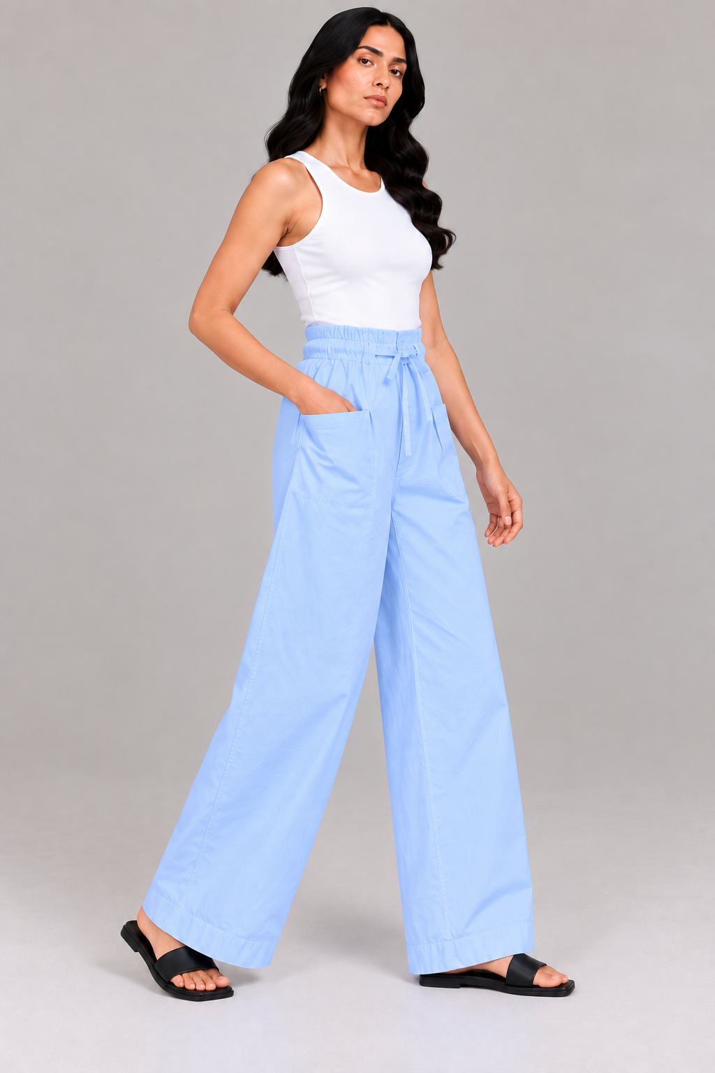 Women Light Sky Blue Cotton Poplin Wide Leg Trouser Elastic Waist Drawstring Pants