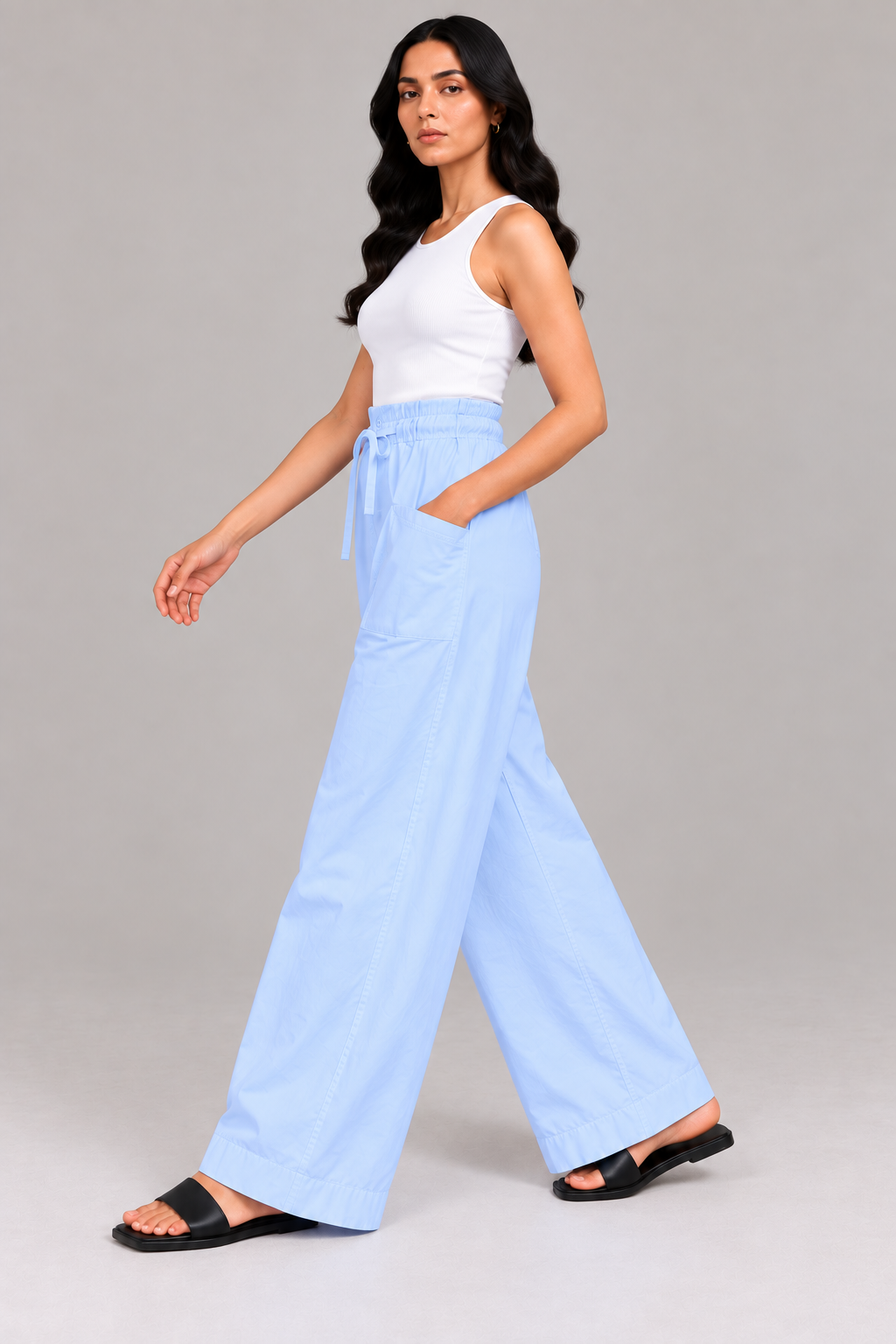 Women Light Sky Blue Cotton Poplin Wide Leg Trouser Elastic Waist Drawstring Pants
