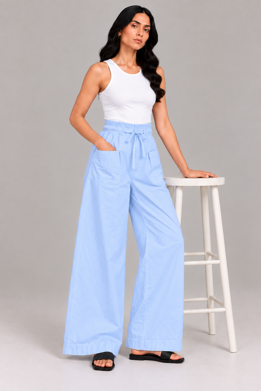 Women Light Sky Blue Cotton Poplin Wide Leg Trouser Elastic Waist Drawstring Pants