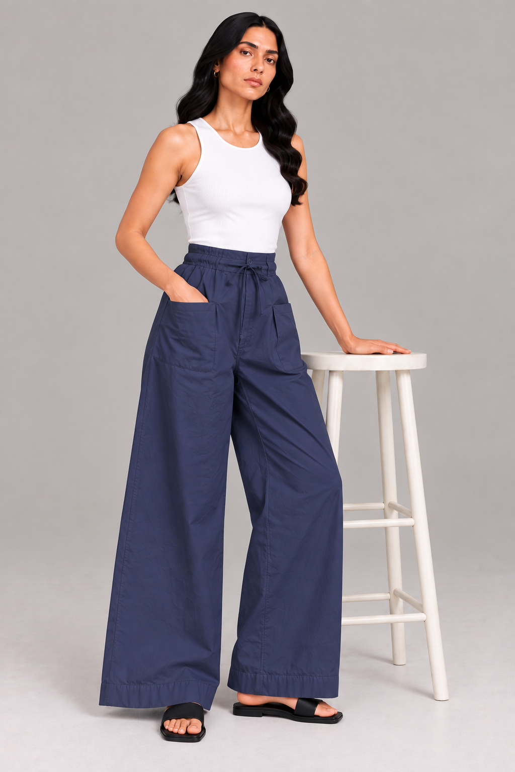 Women Navy Blue Cotton Poplin Wide Leg Trouser Elastic Waist Drawstring Pants