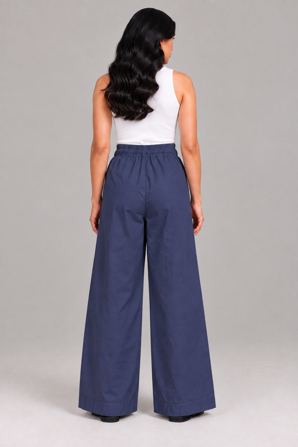 Women Navy Blue Cotton Poplin Wide Leg Trouser Elastic Waist Drawstring Pants