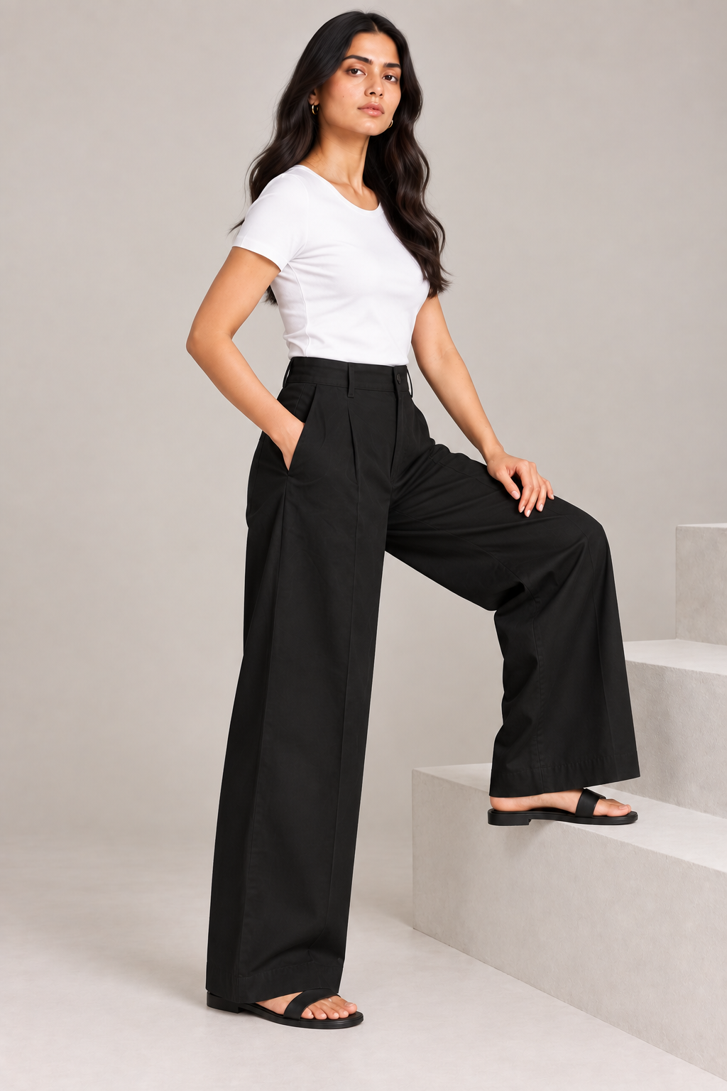 Women Black Cotton Poplin Wide Leg Trouser High Waist Straight Fit Pants