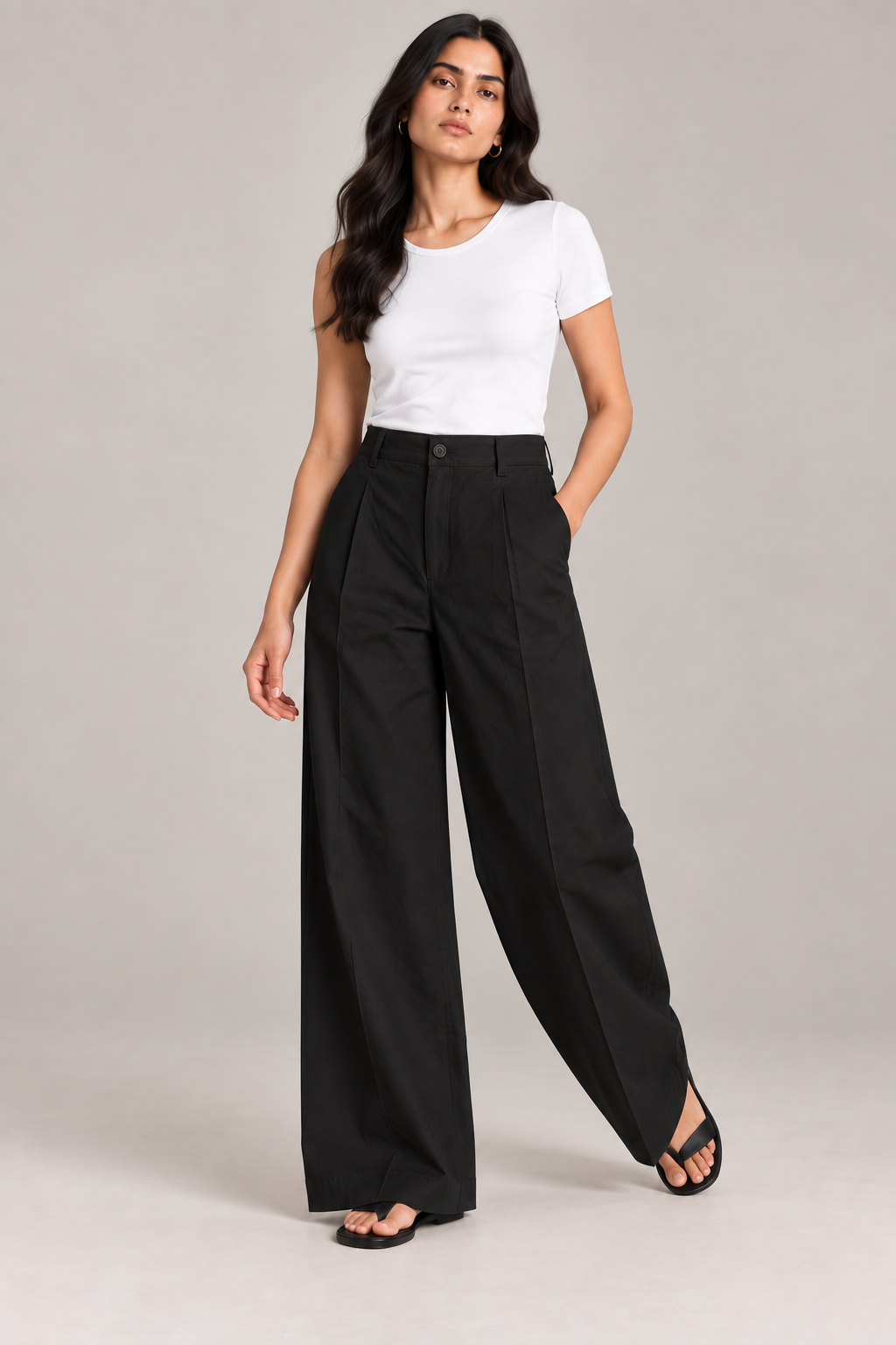 Women Black Cotton Poplin Wide Leg Trouser High Waist Straight Fit Pants