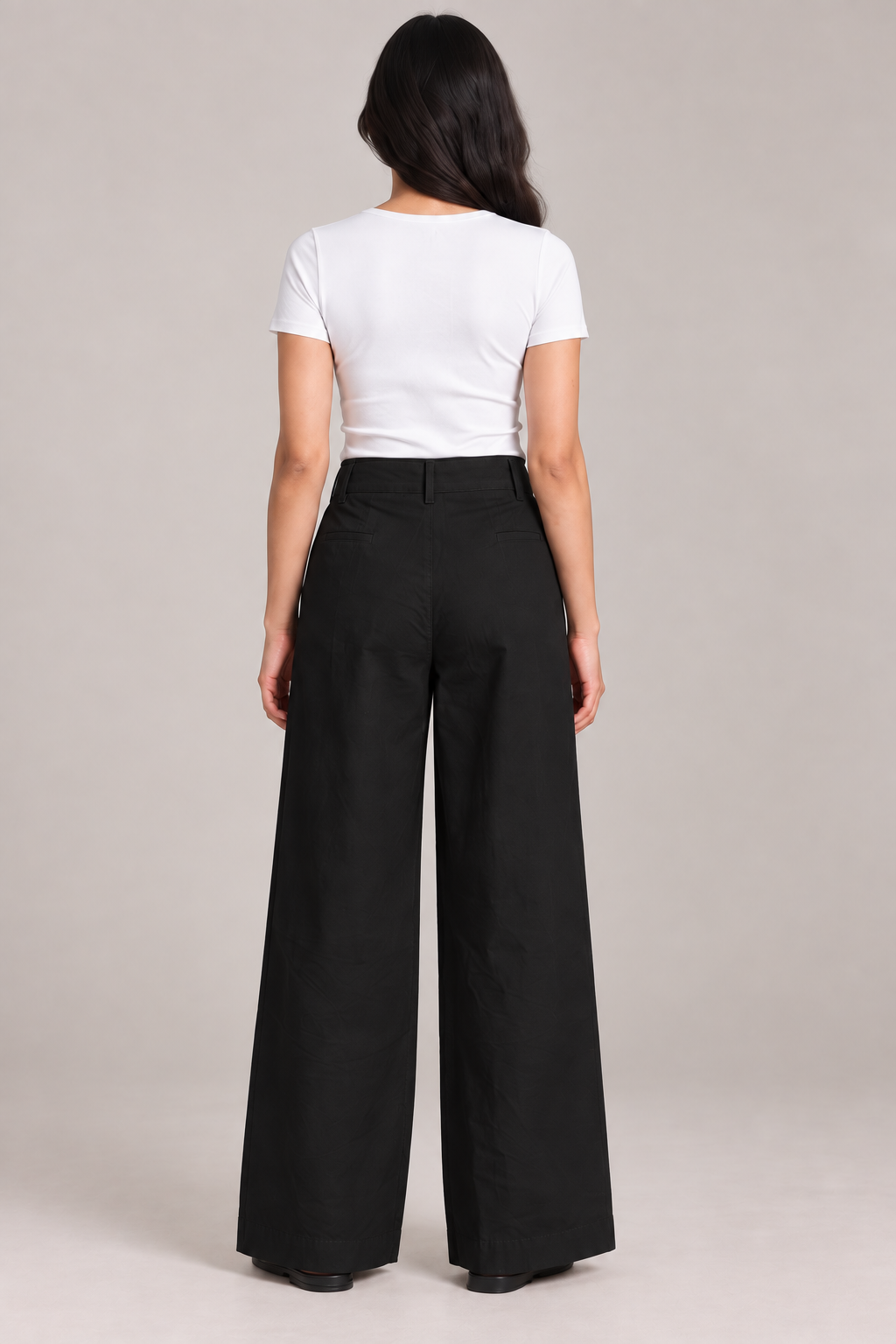 Women Black Cotton Poplin Wide Leg Trouser High Waist Straight Fit Pants
