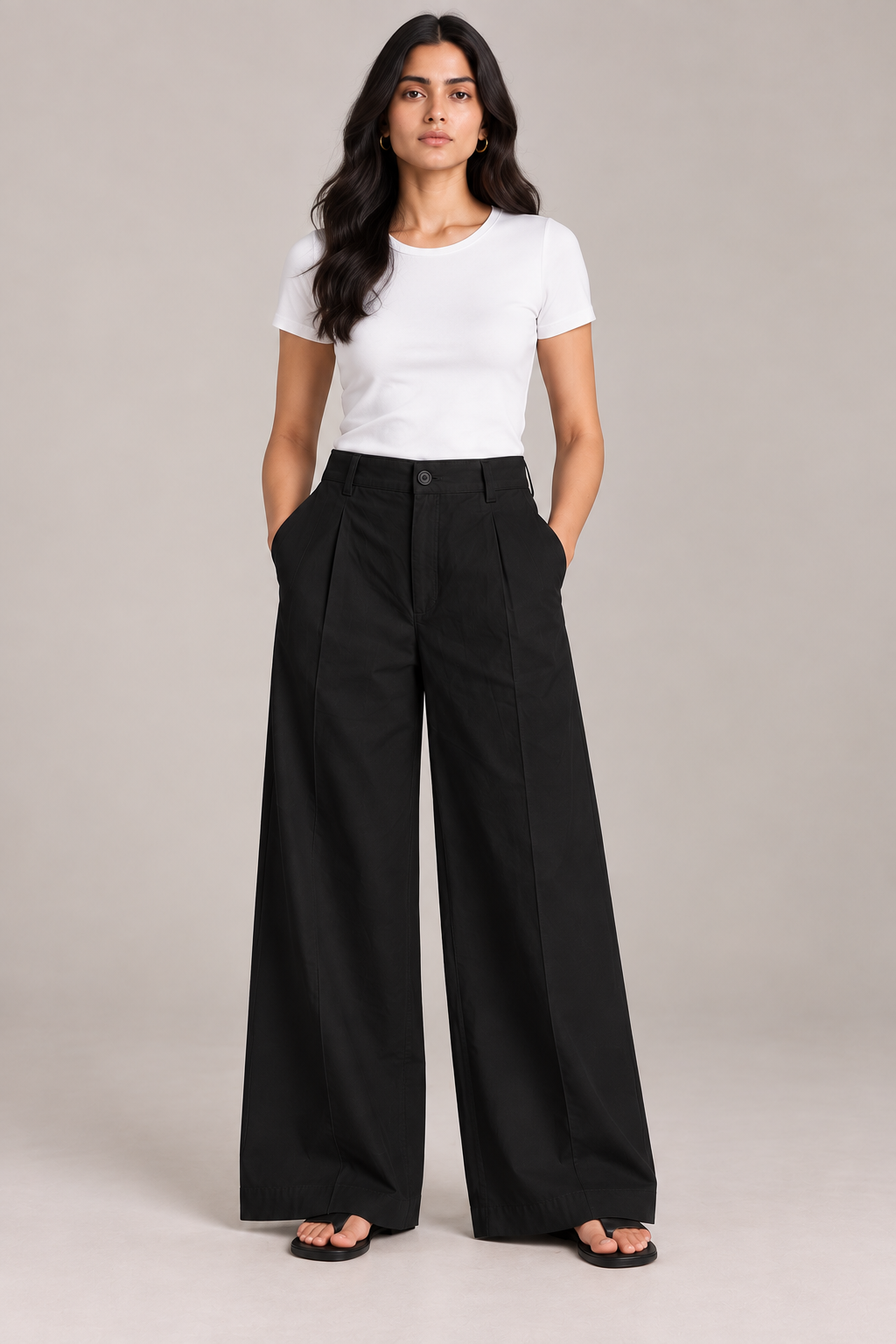 Women Black Cotton Poplin Wide Leg Trouser High Waist Straight Fit Pants