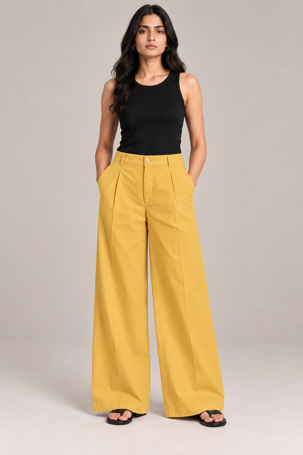Women Mustard Yellow Cotton Poplin Wide Leg Trouser High Waist Straight Fit Pants