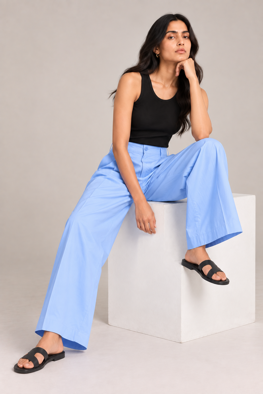 Women Light Sky Blue Cotton Poplin Wide Leg Trouser High Waist Straight Fit Pants