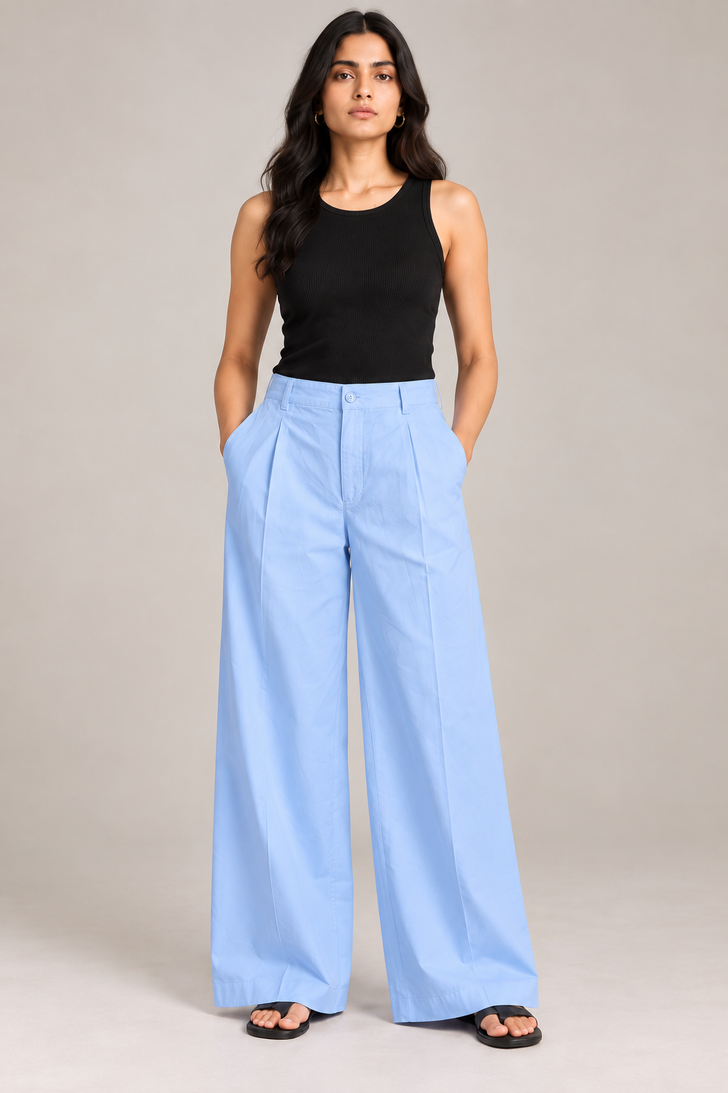 Women Light Sky Blue Cotton Poplin Wide Leg Trouser High Waist Straight Fit Pants