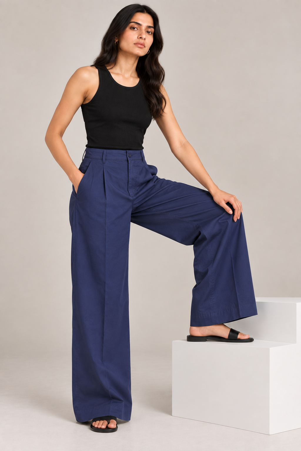 Women Navy Blue Cotton Poplin Wide Leg Trouser High Waist Straight Fit Pants