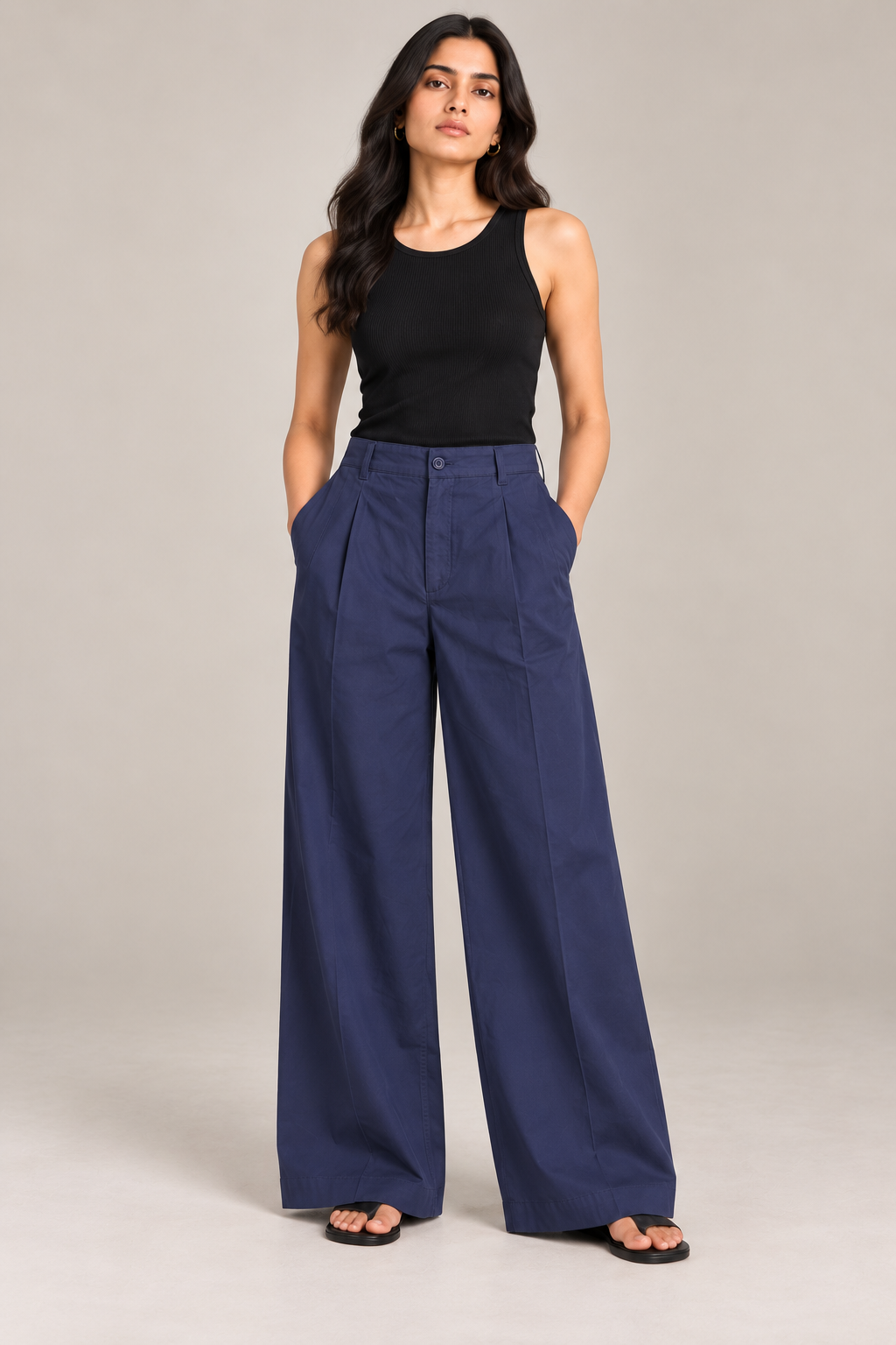 Women Navy Blue Cotton Poplin Wide Leg Trouser High Waist Straight Fit Pants