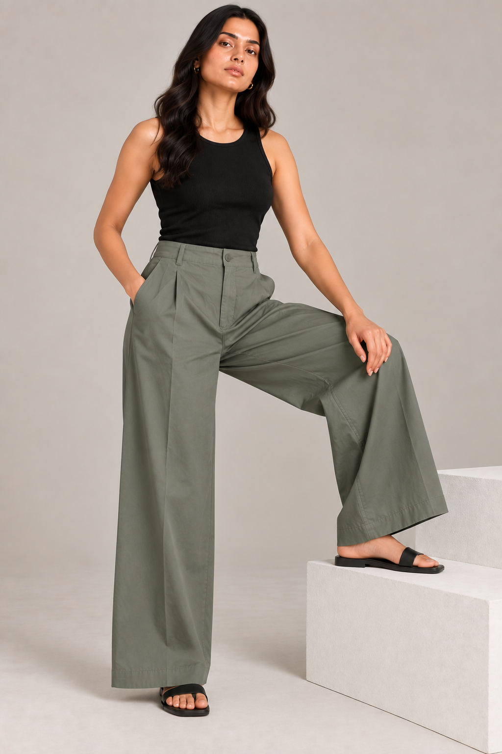 Women Olive Green Cotton Poplin Wide Leg Trouser High Waist Straight Fit Pants