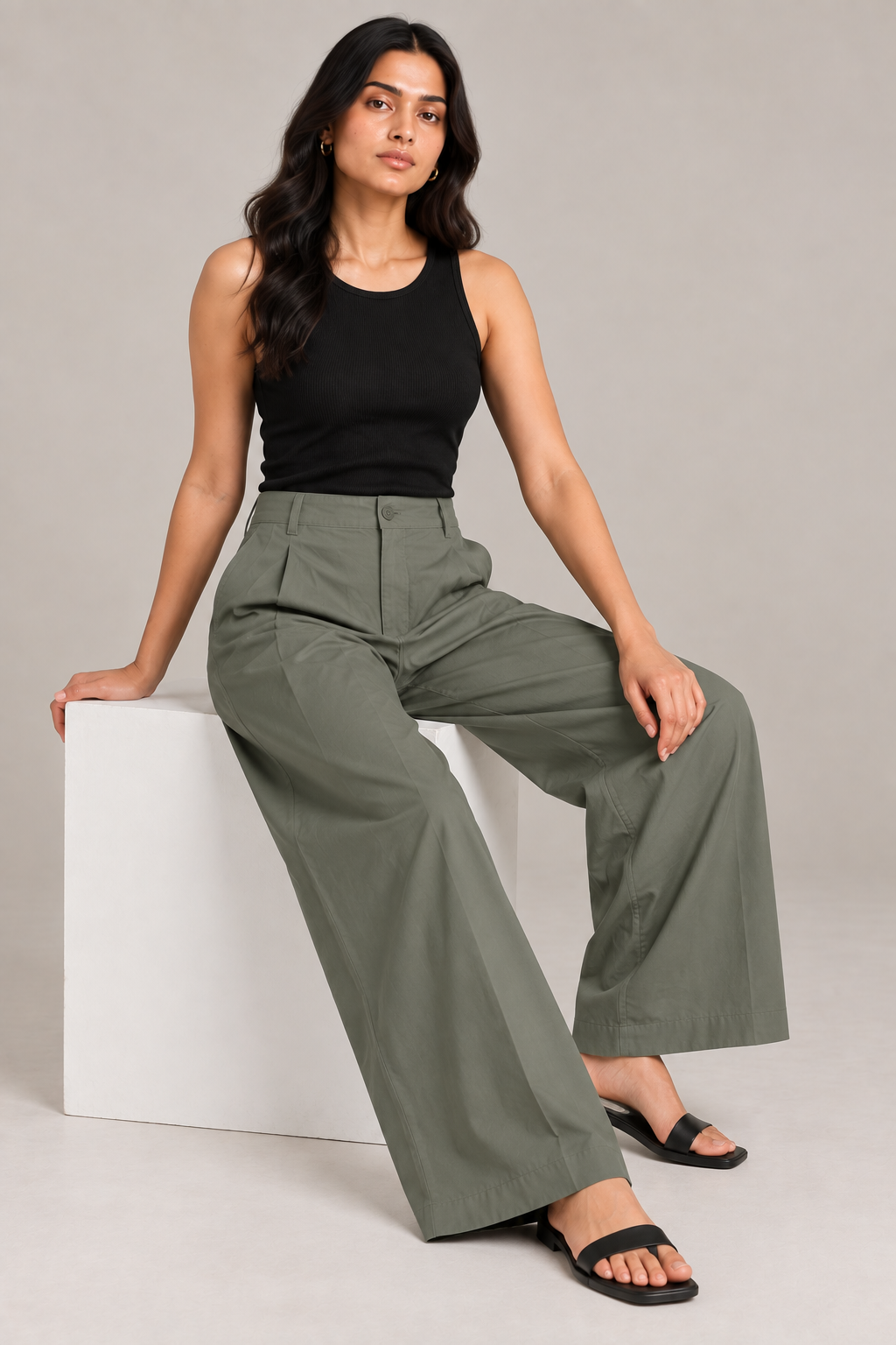 Women Olive Green Cotton Poplin Wide Leg Trouser High Waist Straight Fit Pants