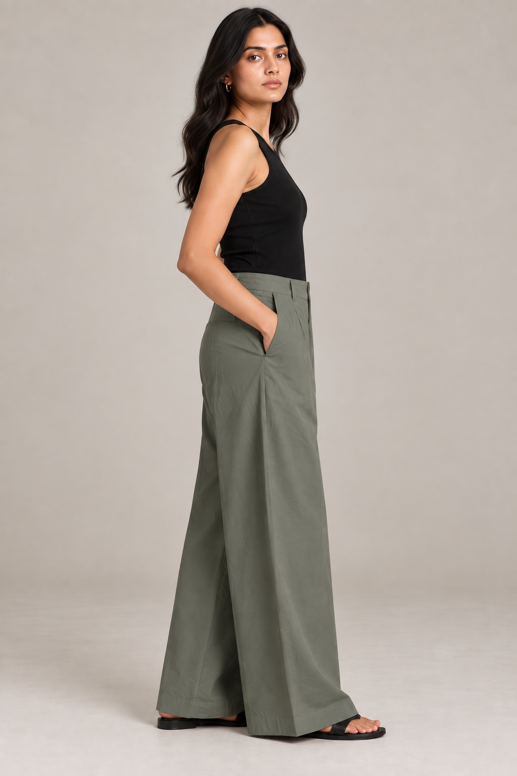 Women Olive Green Cotton Poplin Wide Leg Trouser High Waist Straight Fit Pants
