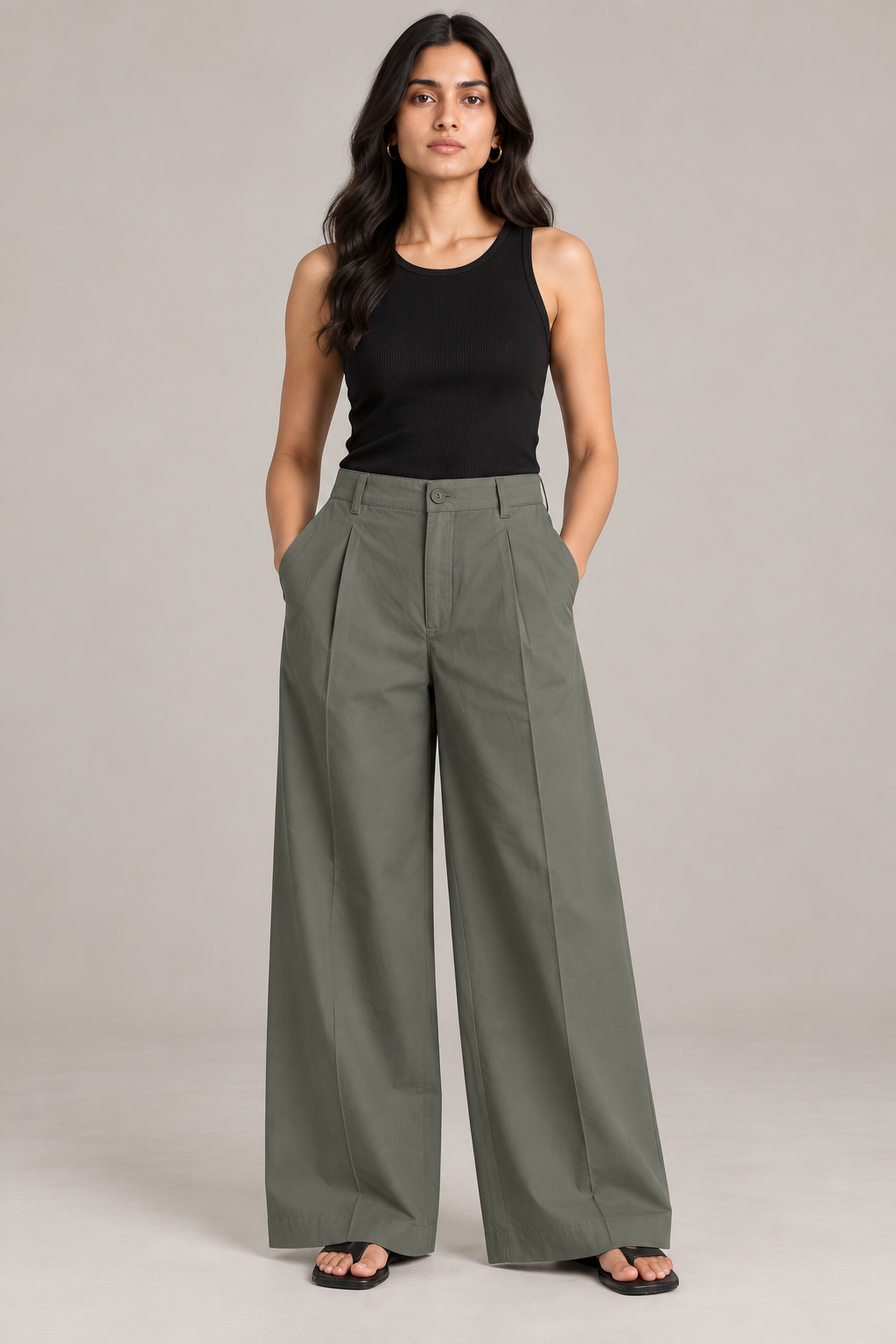 Women Olive Green Cotton Poplin Wide Leg Trouser High Waist Straight Fit Pants