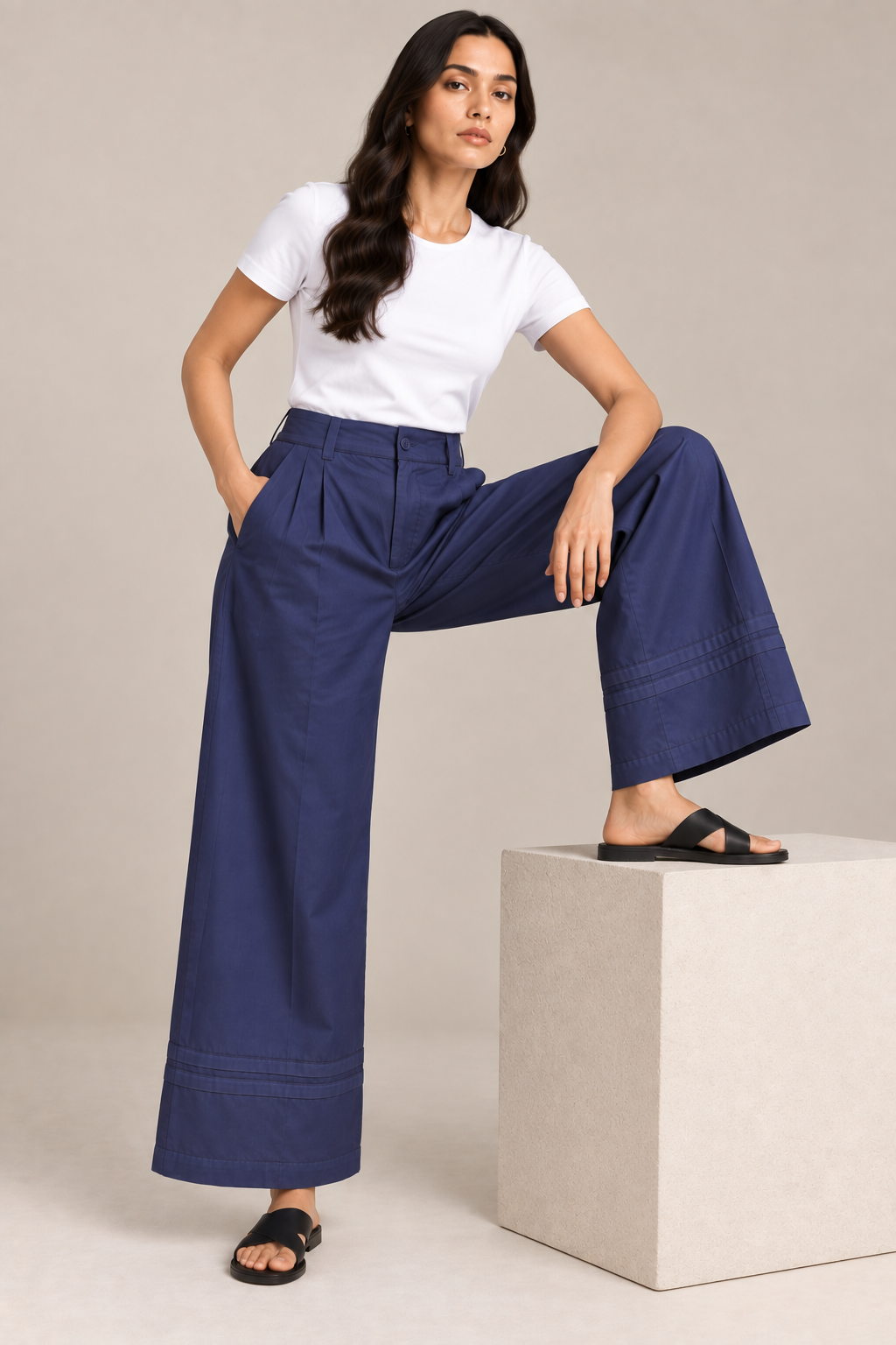Women Navy Blue Cotton Poplin Wide Leg Trouser High Waist Straight Fit Pants