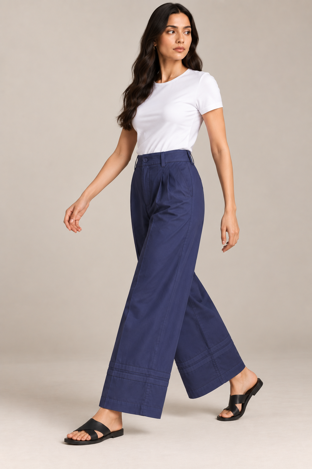 Women Navy Blue Cotton Poplin Wide Leg Trouser High Waist Straight Fit Pants
