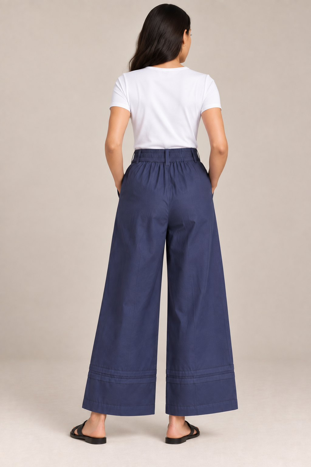 Women Navy Blue Cotton Poplin Wide Leg Trouser High Waist Straight Fit Pants