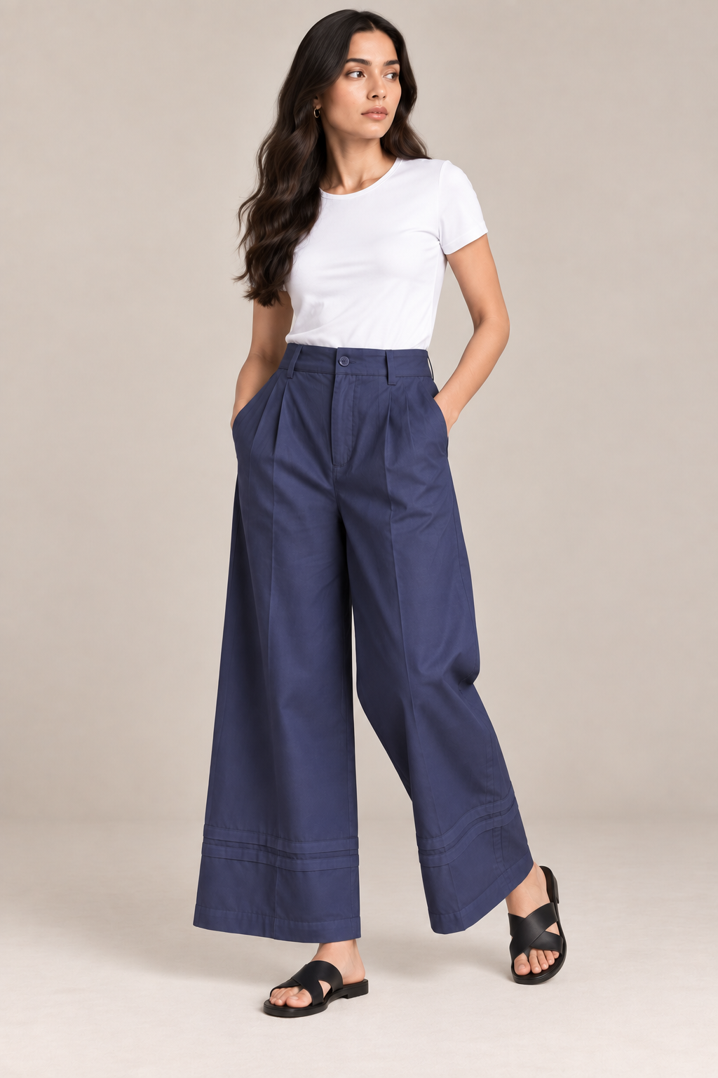 Women Navy Blue Cotton Poplin Wide Leg Trouser High Waist Straight Fit Pants