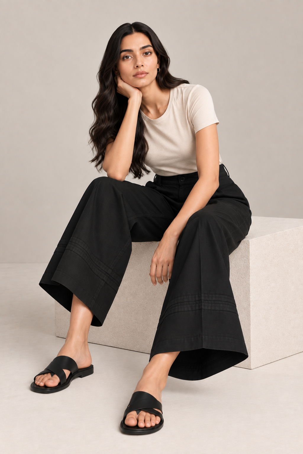 Women Black Cotton Poplin Wide Leg Trouser | High Waist Straight Fit Pants