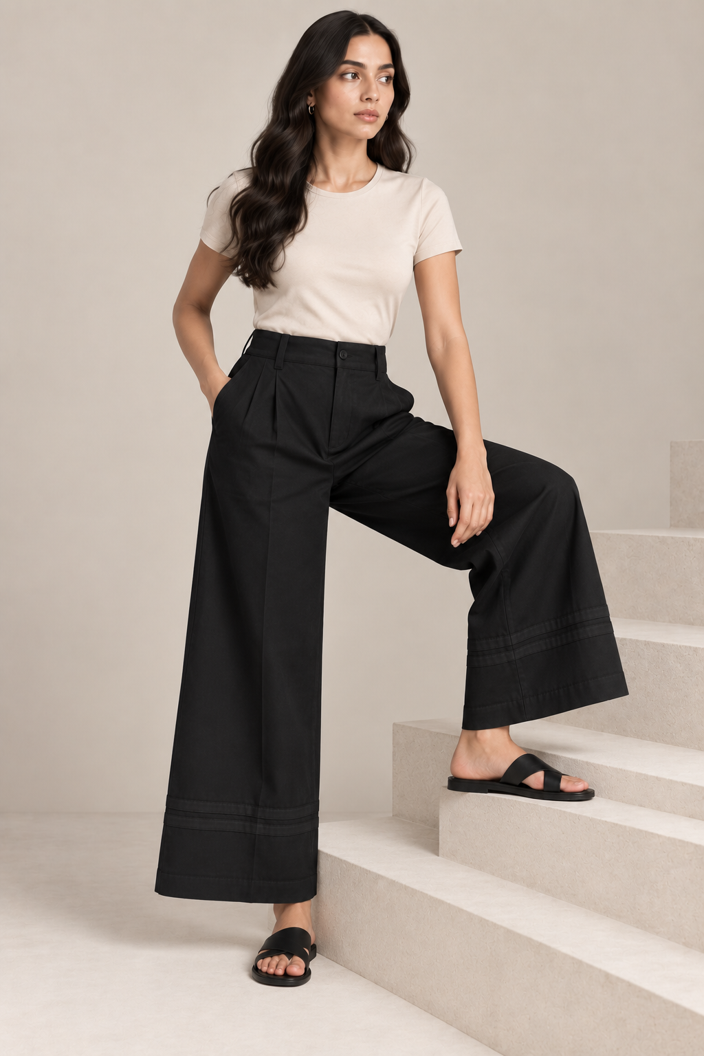 Women Black Cotton Poplin Wide Leg Trouser | High Waist Straight Fit Pants