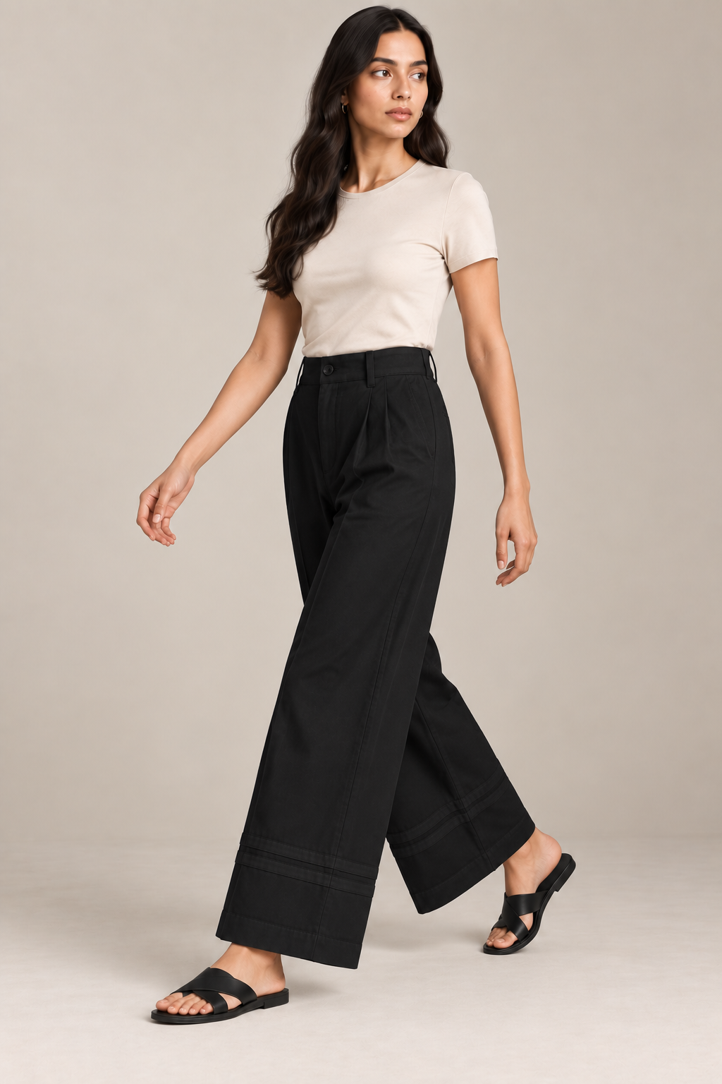 Women Black Cotton Poplin Wide Leg Trouser | High Waist Straight Fit Pants
